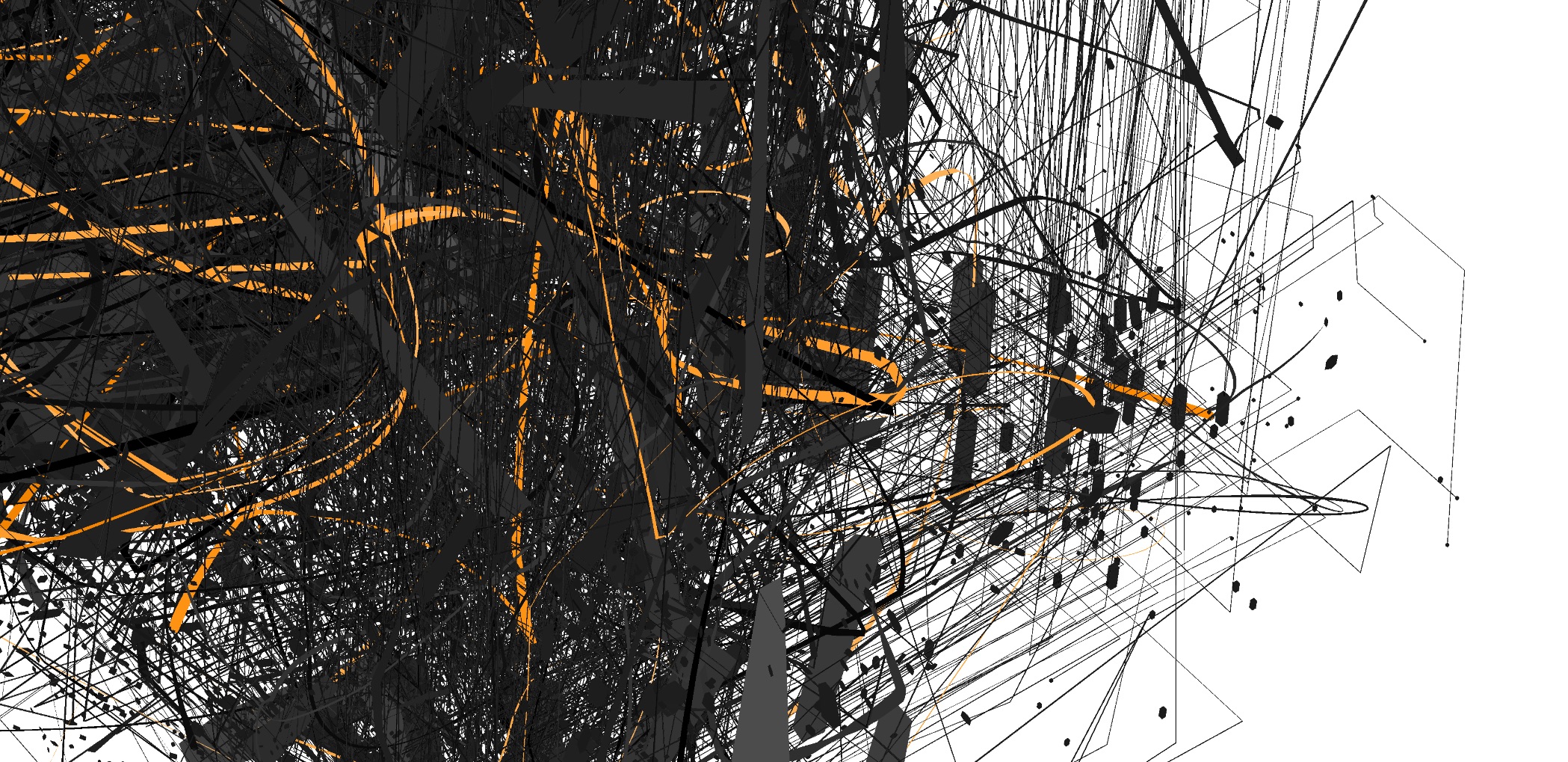 A detail of Amazon's graph. Thin lines are network connections, while thicker ones represent individual network nodes scaled by their "fan out" coefficient (the number of connections it has to other nodes).