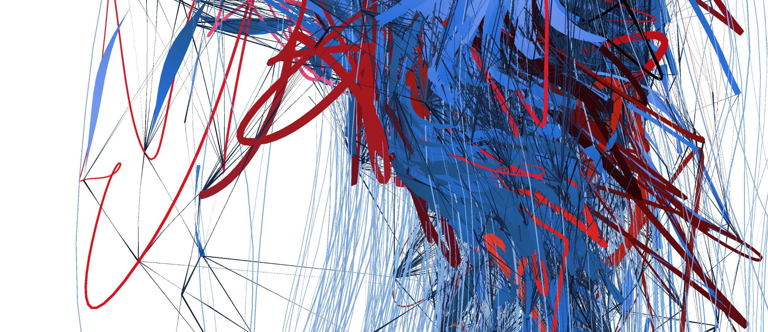 A detail of Facebook's graph in _Unwelcome Gaze_. Thin darker lines represent the actual routing graph, while thicker ones (blue and red) are painted layers of perception obscuring the actual data.