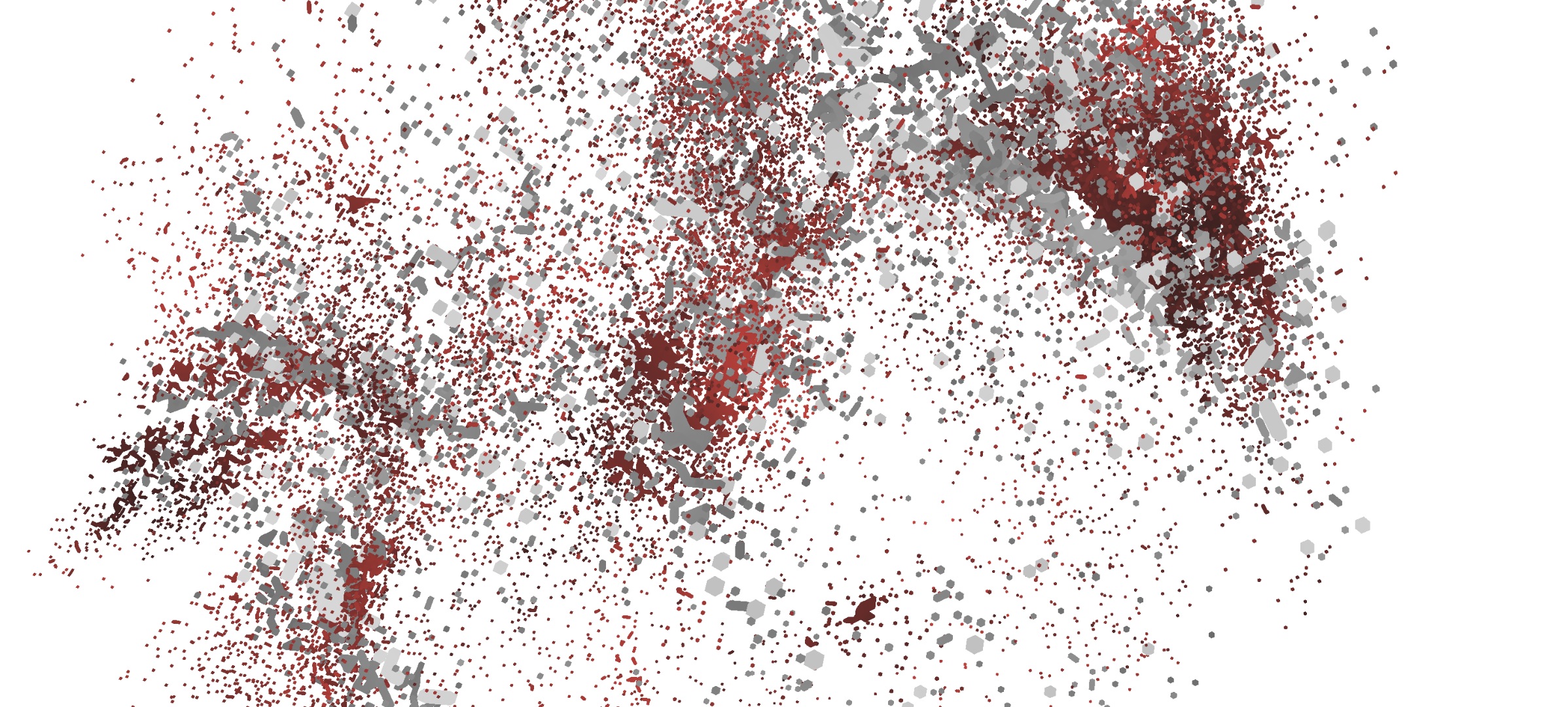 A detail of Google's graph. The smallest dots represent single network nodes, while larger clusters are formed around subnets which have many local nodes.