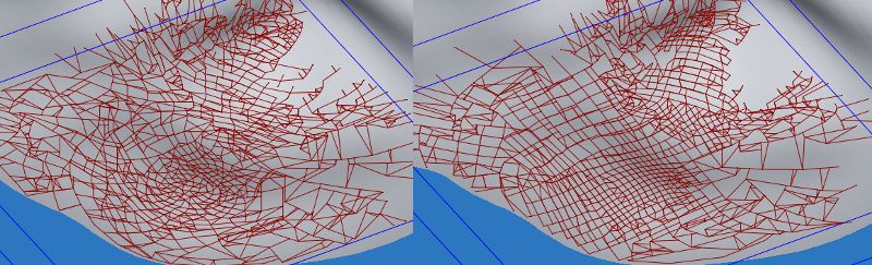 Roads can be parameterized to follow the slope of terrain (left), or to ignore it (right). This is a continuous parameter which can be tweaked until just the right amount of "slope following" is found.