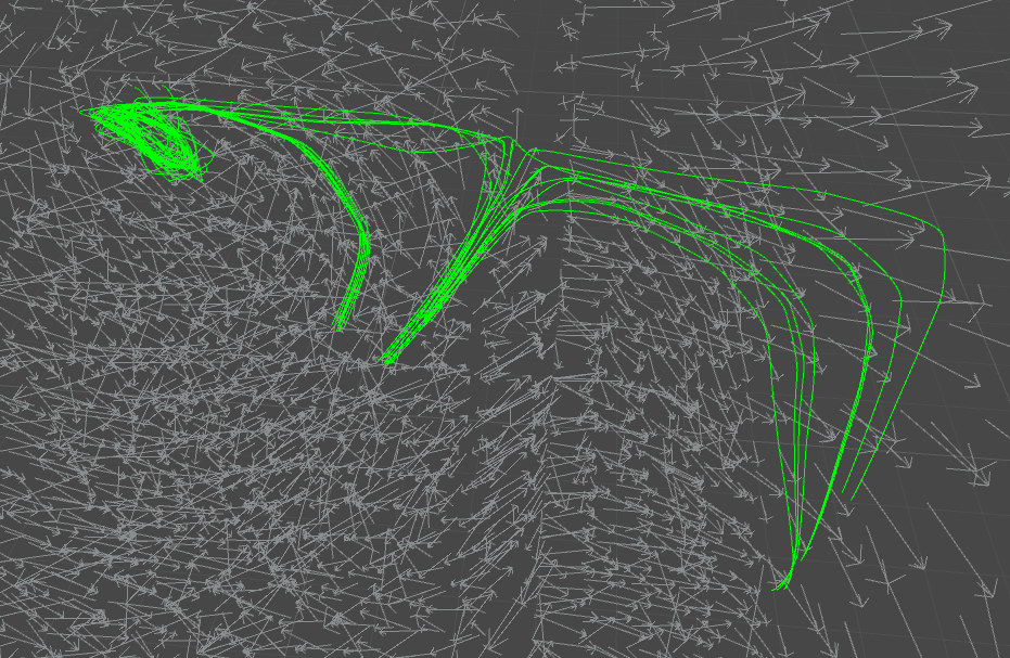 The splines (green) are much more effective in visualizing the field's structure than the gnarled mess of point-for-point direction vectors (gray).