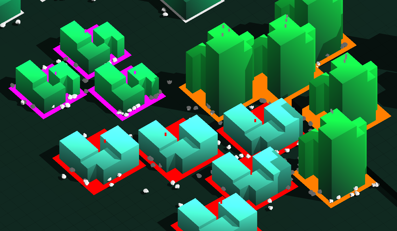 Indicators at the base of each building represent the value systems of its residents. Each neighbourhood has a predominant value system, which changes over time with resident migration.